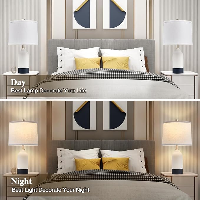 Luvkczc Modern Ceramic Lamps for Bedrooms Set of 2, 3-Color Temperature Table Lamp Bedside Nightstand Desk Reading Lamp with Fabric Drum Shade for Bedroom, Living Room, 2 Bulbs Included (21.4")