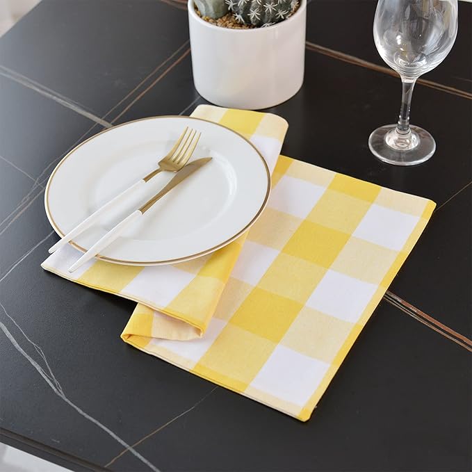 Yellow & White 2 Side Cotton Buffalo Check Placemats Set of 4 Heat Resistant Dining Table Place Mats for Kitchen Table, 12 x 18 inches