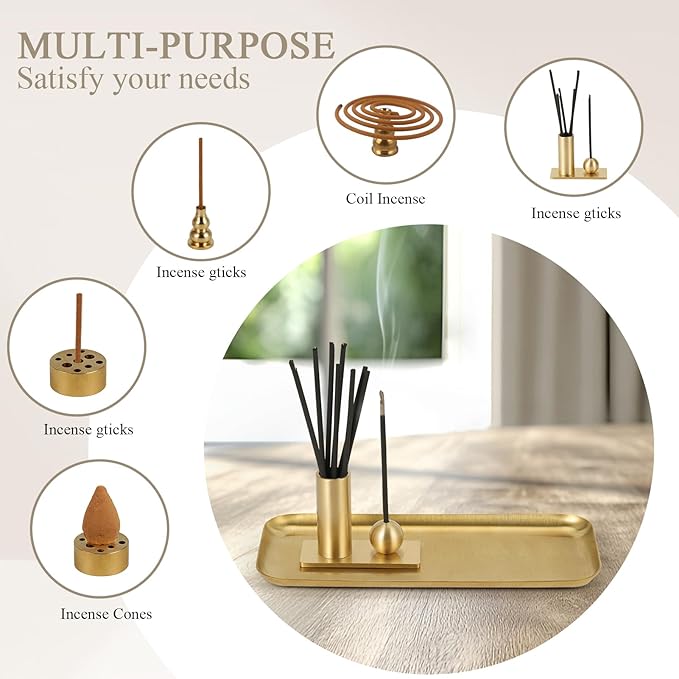 SUJAIMEI 6 in1 Incense Burner Set,Incense Holder with Ash Catcher for Incense Sticks,Coil Incense,Incense Cones, Brass Incense Stick Holder Storage for Home Decor
