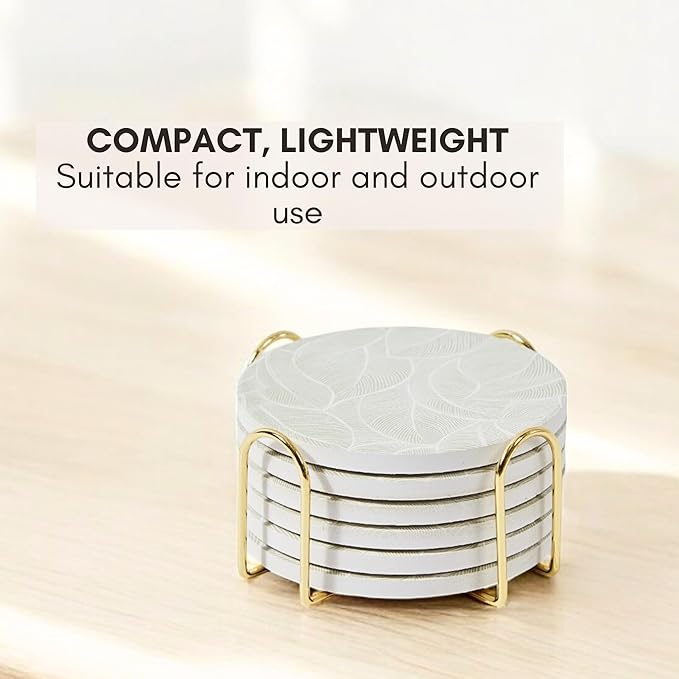 Ceramic Absorbent Coasters Set of 6 with Holder, Marble Drink Coasters for Coffee Table, Water Absorbing Coaster (Leaf)