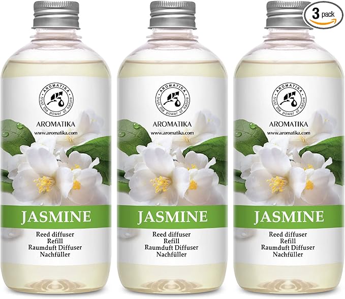 Jasmine Reed Diffuser Refill w/Natural Essential Jasmine Oil - 3x17 Fl Oz - Fresh & Long Lasting Fragrance - Scented Reed Diffuser Oil Refill - Best for Aromatherapy - SPA - Home