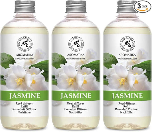 Jasmine Reed Diffuser Refill w/Natural Essential Jasmine Oil - 3x17 Fl Oz - Fresh & Long Lasting Fragrance - Scented Reed Diffuser Oil Refill - Best for Aromatherapy - SPA - Home