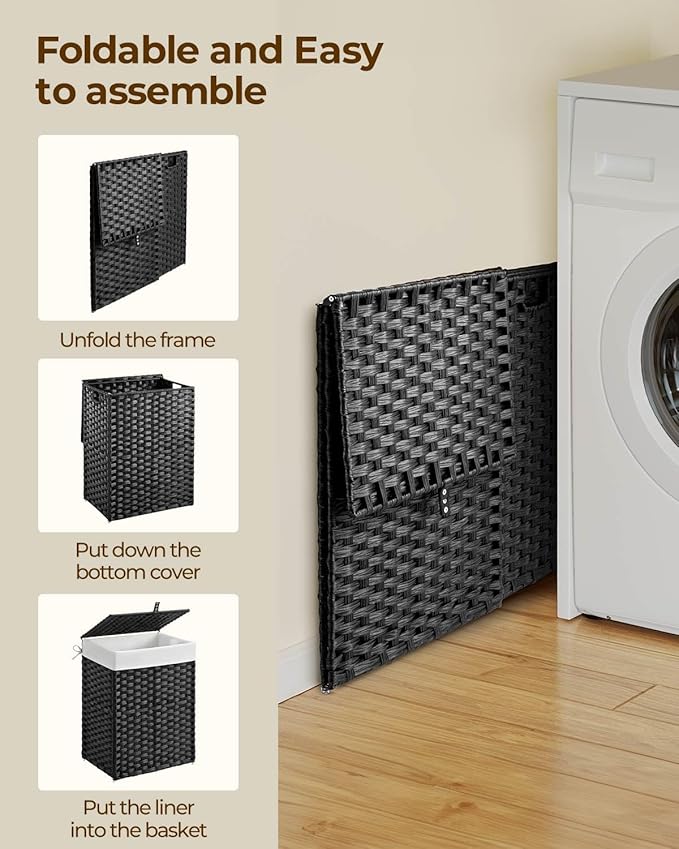 Greenstell Laundry Hamper with Lid, 60L Clothes Hamper with 2 Removable Liner Bags & 2 Mesh Bags, Handwoven Synthetic Rattan Basket, Toys in Bathroom, Bedroom Black