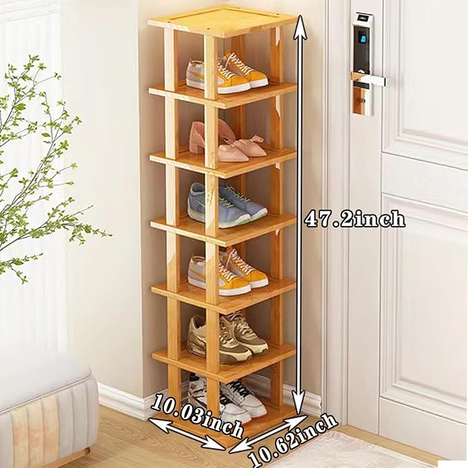 Bamboo Shoe Rack - Vertical Shoe Rack for Small Spaces, Tall Narrow Shoe Rack Organizer for Closet Entryway Corner Garage and Bedroom,Skinny Shoe Shelf Free Stackable DIY - Space Saving Storage