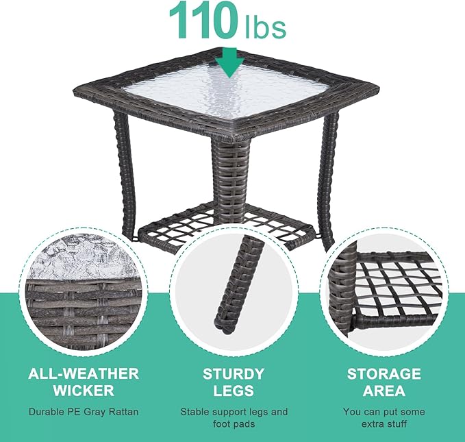 VINGLI Outdoor Side Table with Storage Wicker Patio Side Table, Tempered Glass Top End Table for Balcony Porch Deck (Grey)