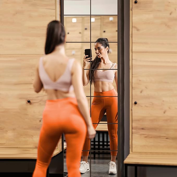 Delma Home Gym Mirrors, 12'' x 12'' Glass Mirror Tiles (4 PCS), Square Large Wall Mirror for Home Gym, Bedroom, Door,Bathroom, Frameless Mirror Sets