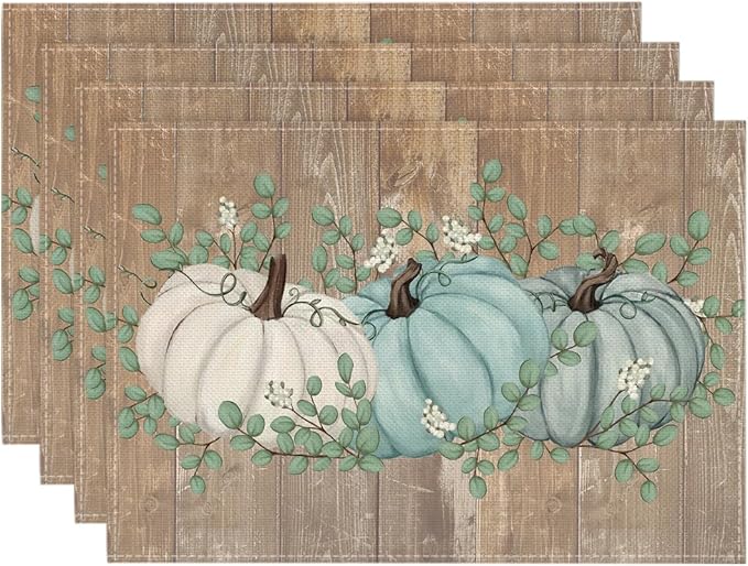 Artoid Mode Wood Pumpkins Eucalyptus Leaves Fall Placemats Set of 4, 12x18 Inch Autumn Thanksgiving Harvest Vintage Table Mat for Party Dining Decoration