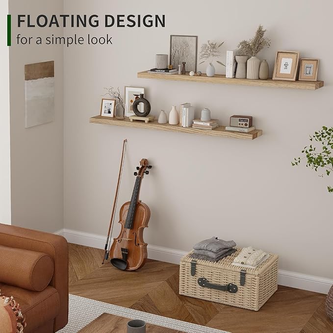 Wood Floating Shelves for Wall Set of 2, 48 Inch Wide Rustic Wooden Floating Shelves, Invisible Wall Mounted Display for Living Room Bedroom Kitchen Bathroom Office, Carbonized Black