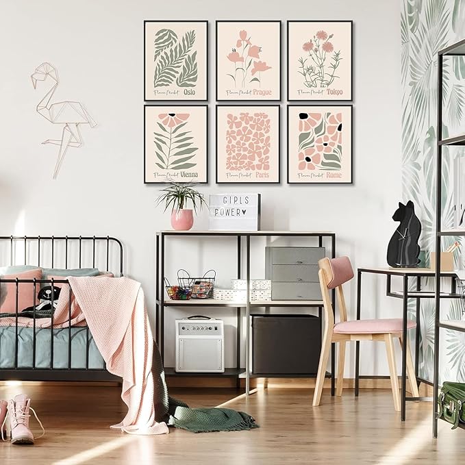 Flower Market Posters, Boho Botanical Floral Wall Art Prints Blush Pink and Sage Green Aesthetic Bedroom Decor Canvas Artwork Painting, Abstract Minimalist Wall Decor Pink Room Decor for Boho Room,