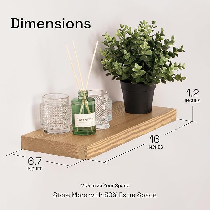 BAOBAB WORKSHOP Natural Wood Floating Shelves for Wall 16 inch - Floating Wall Shelves for Kitchen Bedroom - Wooden Bathroom Shelves - Oak Floating Shelf - 16 x 6.7 Inch, Set of 2