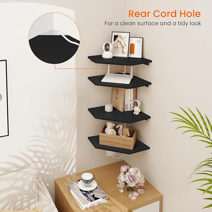 Homode Corner Floating Shelves, Corner Shelves Wall Mounted with Cord Hole, 4 Tier Diamond Shape Corner Hanging Shelving for Wall Storage, for Cable Box, TV Cords, Books, Plants, Black