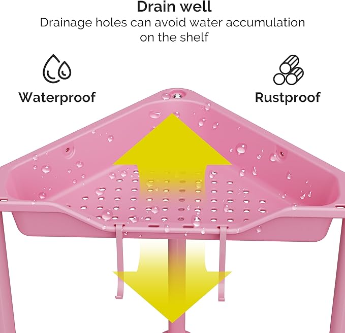 Orimade Rustproof 5 Tier Floor Standing Corner Shower Caddy Organizer, Plastic Metal Splicing Floor Corner Shelf Rack Stands for Bathroom, Pink