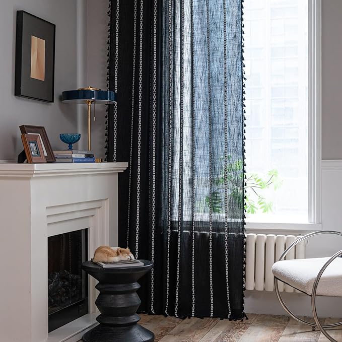 ColorBird Black Curtains for Living Room, 2 Panels Linen Curtains 84 Inches Long, Boho Room Darkening Black Drapes, Embroidered Window Curtains for Bedroom Door Office