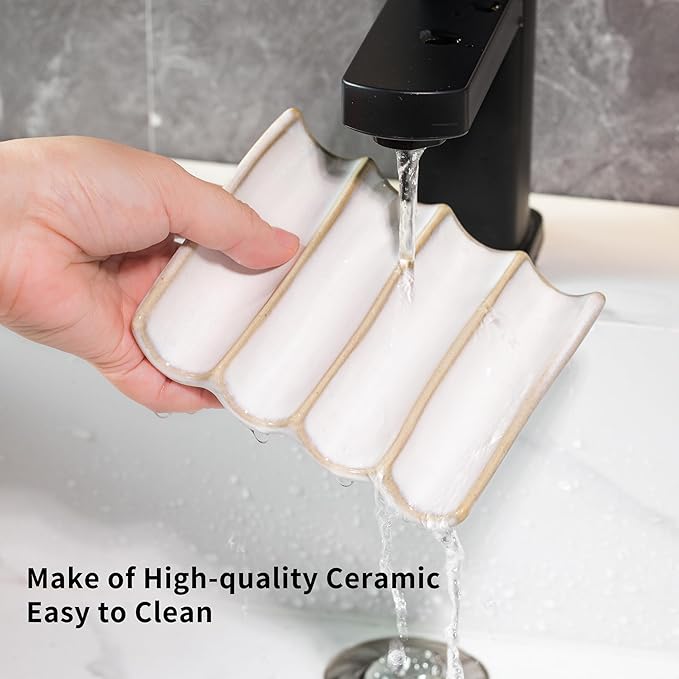 Soap Dish with Self Drain Fluted Design, Bar Soap Holder for Bathroom, Japanese Soap Tray for Shower, Bathroom and Kitchen Sink Organizer, Ceramic Soap Saver, White