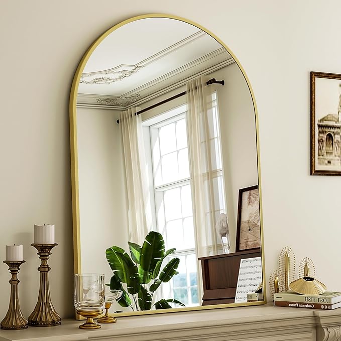Arch Bathroom Mirror, 24x36 Inch - Wall Mounted Vanity Mirror with Aluminum Alloy Frame - Ideal for Living Room, Bedroom, Bathroom, and Entryway, Hanging or Leaning, Gold