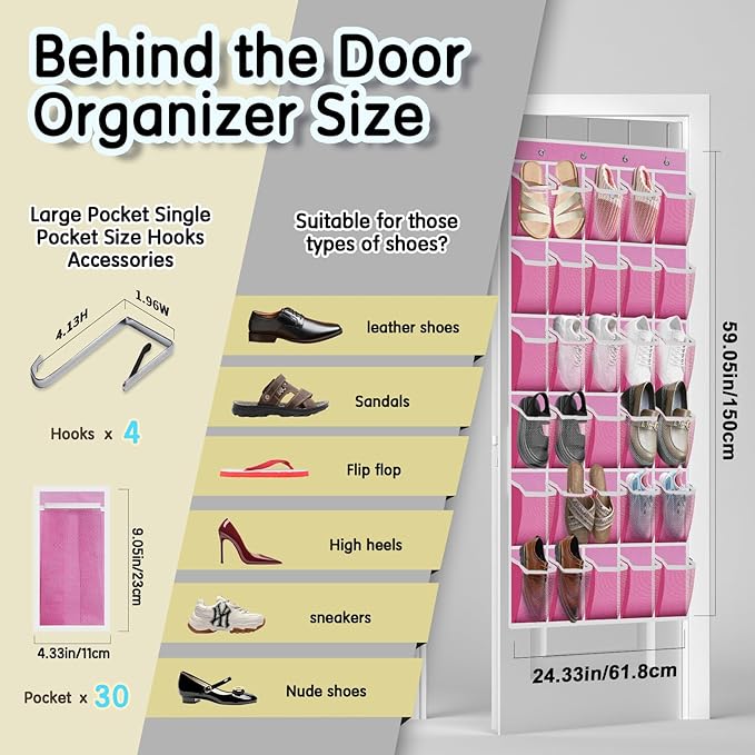 Over the Door Shoe Organizer with 30 Breathable Mesh Pockets - Large Capacity Closet Storage for Men & Women, Hanging Shoe Rack Organizer (Pink)