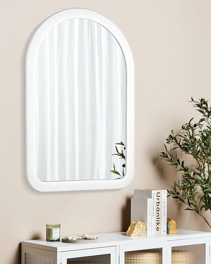 Arched Mirror 24 x 36 Inch,White Wood Rustic Bathroom Tempered Wall Mirror with Wood Frame,Round Corner Arch Farmhouse Wooden Vanity Mirror for Living Room,Entryway or Bedroom