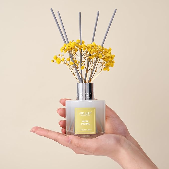 Airkeep Reed Diffuser Set,3.38 fl oz (100 ml) - White Jasmine Oil Diffusers with 8 Reed Sticks, Home Fragrance Reed Diffuser for Bathroom Shelf Decor