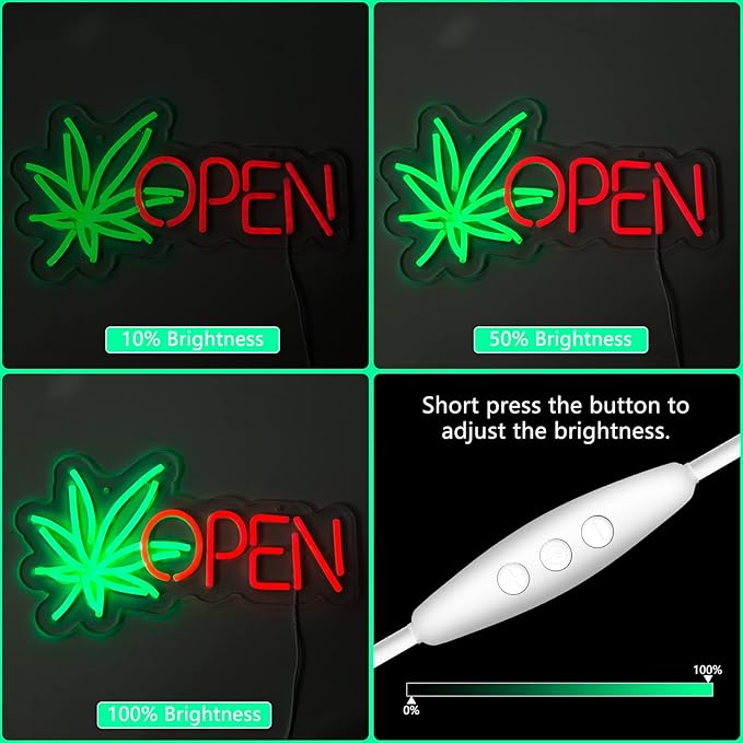 Open Neon Sign, Neon Signs for Wall Decor, Dimmable Neon Green Leaf LED Signs for Bedroom Aesthetic, Light Up Neon Signs for Hotel Beer Bar Man Cave Club Pub Party Decorations