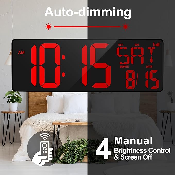 XREXS 17.2" Large Digital Wall Clock Bluetooth Sync Time, Precise Atomic Clocks with Remote Control, Adjustable Dimmer Grandfather Clock, Temperature for Bedroom, Desk Alarm Clock for Elderly