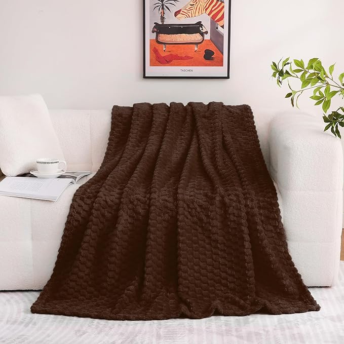 Puncuntex Brown Throw Blanket 50"×60" inches Fuzzy 3D Jacquard Decorative Flannel Fleece Super Soft Plush Cozy Blanket for Couch Sofa Chair Lightweight
