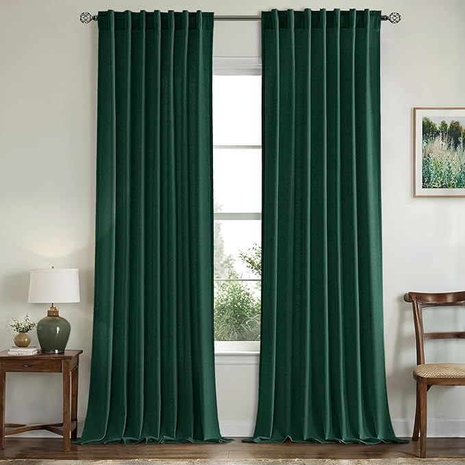 MIULEE Non-See-Through Privacy Linen Curtains 2 Panels, Christmas Emerald Green Light Filtering Window Curtains Textured Back Tab Semi Sheer Drapes for Bedroom Living Room, 52 x 84 Inches Long