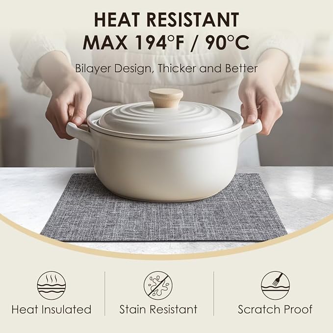 Placemats Set of 4, Bilayer Thickened Linen Place Mats Heat Resistant Machine Washable Wrinkle Free Carefully Selected Polyester Mats for Kitchen/Dining/Coffee Table (Light Grey)