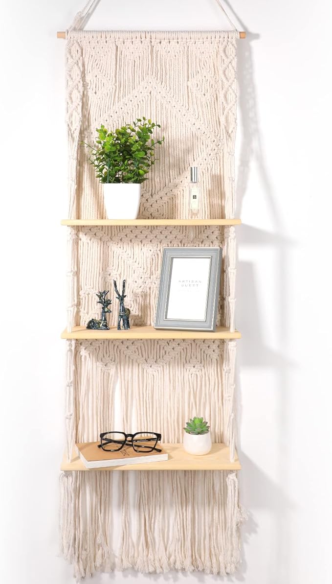Macrame Wall Hanging Shelf for Decor, Boho Bathroom - Bohemian Decor Bedroom, Living Room 3 Tier Small Plants, Handmade Large Eclectic Home-(White)