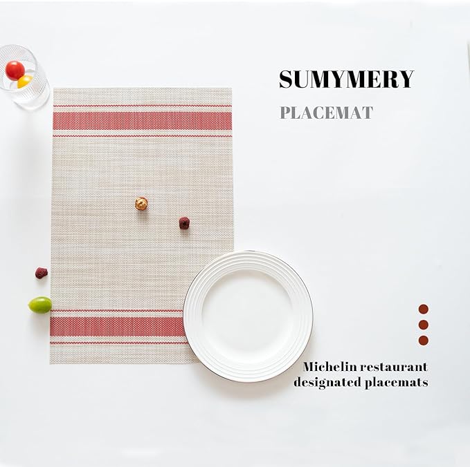Placemats Set of 6 Vinyl/Plastic Woven Place Mats for Kitchen Table Indoor/Outdoor Washable Placemat Wipeable Dining Table Mats (Khaki Red,6)