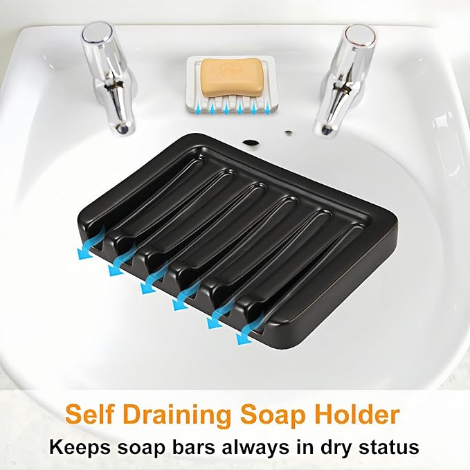 Self Draining Soap Dish, Ceramic Soap Holder for Shower, Vonpri Waterfall Bar Soap Case Saver Tray Sponge Organizer Keep Dry for Bathroom Kitchen Counter Sink (1, Black)