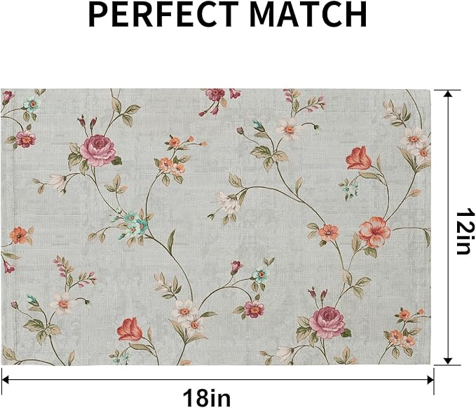 QIYI Boho Placemats Set of 4, 12x18 Inch Linen Fabric Floral Place Mats for Kitchen Dinning, Farmhouse Rustic Cloth Table Mats, Washable Placemat Party Table Décor, Vintage Pink Flowers