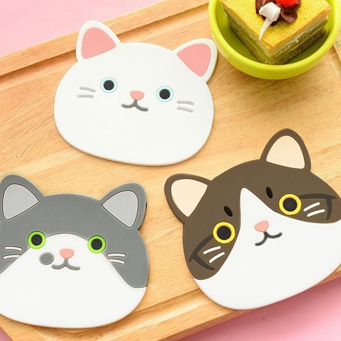 Set of 6 Cute Cat Cup Coasters Mats Silicone Rubber Faces Insulated Flexible Durable Non Slip Hot Pads for Beverage Drink Beer Wine Glass Tea Home Wedding Registry Gift Idea