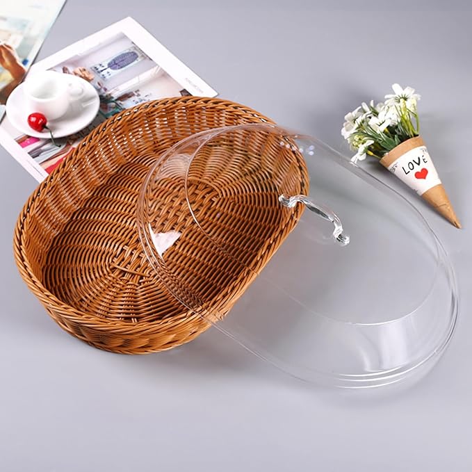 2 Pack Bread Basket with Acrylic Lid and Stainless Steel Tongs Rattan Bread Baskets Woven Fruit Basket with Cover for Food Vegetables Display