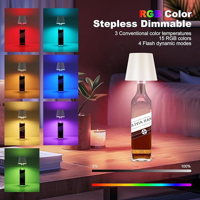 Wine Bottle Lamp, 2025 New 3 Color Rechargeable Wireless Bottle Lamp for Liquor Bottles with Touch Dimming for Parties, Restaurants & Home Decor (RGB White)