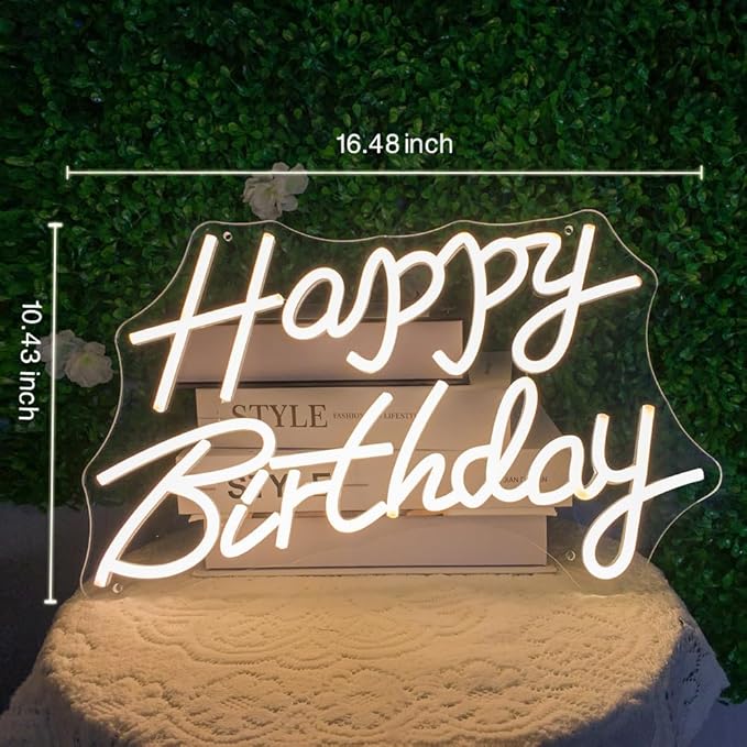 Happy Birthday Neon Sign for Wall Decor, Usb Powered with Dimmable Switch, Reusable Neon Light Sign for All Party Decoration Happy Birthday Signs (16" Warm white)