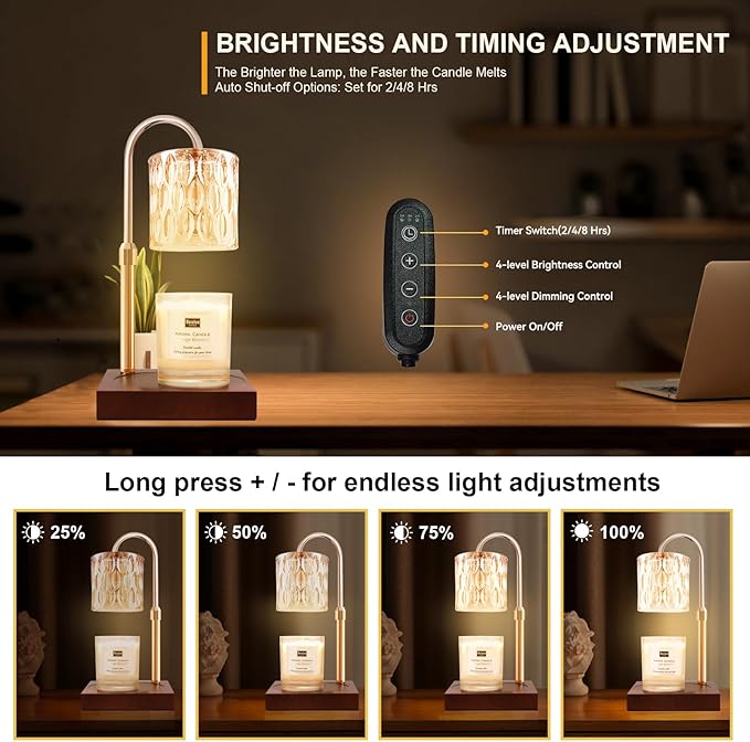 Candle Warmer Lamp with 3 Bulbs, Adjustable Height Dimmable Candle Warmer with Timer, Compatible with Large Jar Candles, Candle Lamp with Charming Gift Box Ribbon for Her/Him(Walnut)