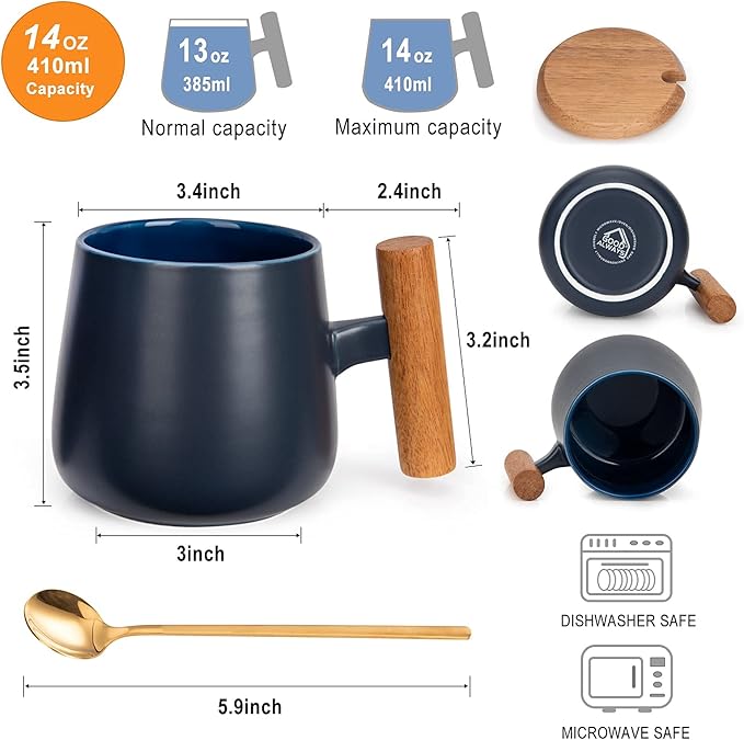 Coffee Mug, 14 Oz Ceramic Tea Mug with Lid and Coffee Spoon for Latte, Cappuccino, Cocoa, Mocha, Birthday Gifts, House Warming Gifts New Home, 1 Pack (Blue)