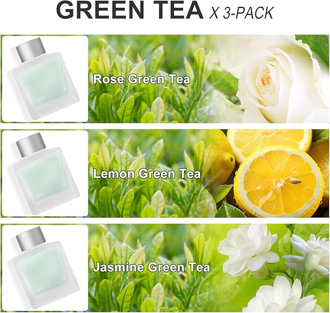 3-Pack Reed Diffuser Set, 100ml Rose Green Tea/Lemon Green Tea/Jasmine Green Tea Essential Oils with Diffuser Sticks, Long Lasting Air Freshener, Home Fragrance for Bathroom Decor