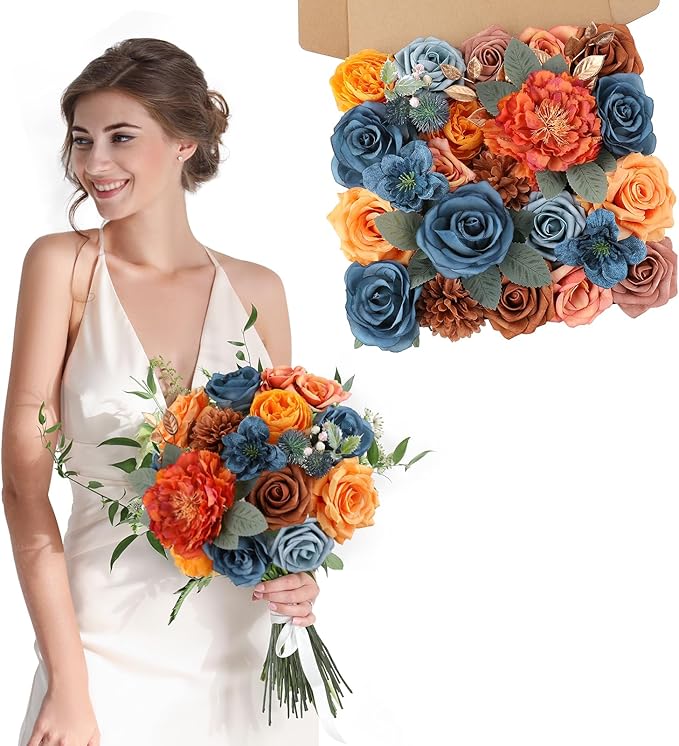AmyHomie Teal Orange Artificial Flowers Combo Silk Mix Peony Rose Fake Flowers w/Stem for DIY Wedding Bouquets Centerpieces Arrangements Table Fall Decor Party Bridal Baby Shower Home Decorations
