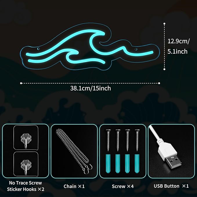 Wave Neon Signs with Cycle Timer,Dimmer Ice Blue Wave Led Neon Light Sign For Kids Wall Decor USB Powered For Living Room Bar Bedroom Christmas Gift