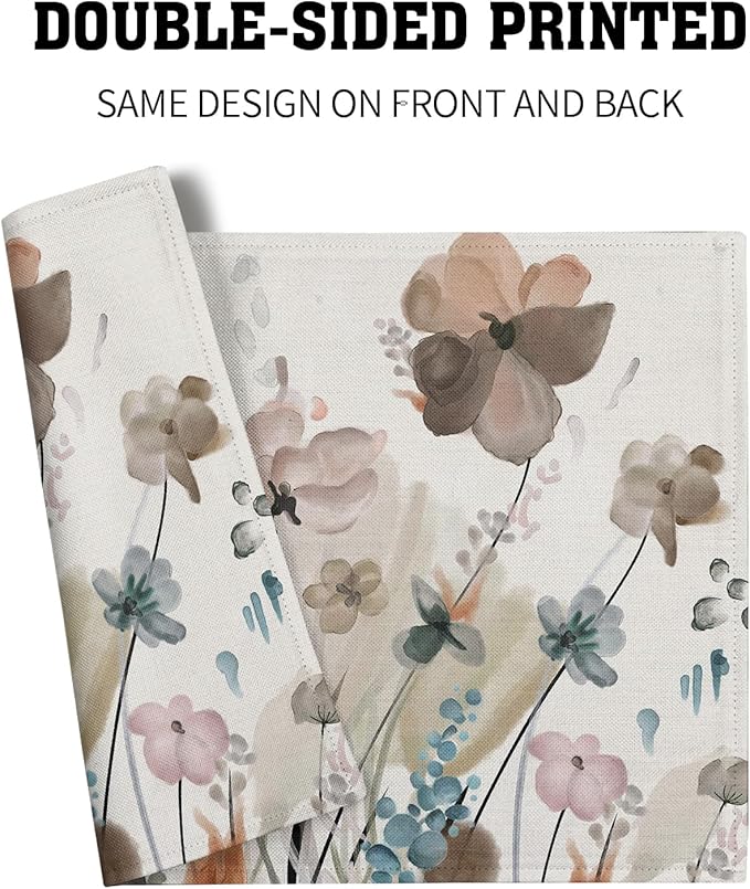 Brown Cream Grey Teal Floral Placemats Set of 6 Watercolor Flowers Place Mats Washable Dining Rustic Abstract Floral Farmhouse Linen Table Mats Stain Heat-Resistant Cloth Table Mat Decor 12x18 in