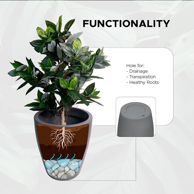 Elly Décor 23 inch Planter for Garden with Drainage, Large Round, Lightweight & Extremely Durable, Deck Indoor/Outdoor Plastic Pot, 23.6" x 21.6"x14, Granite Gray