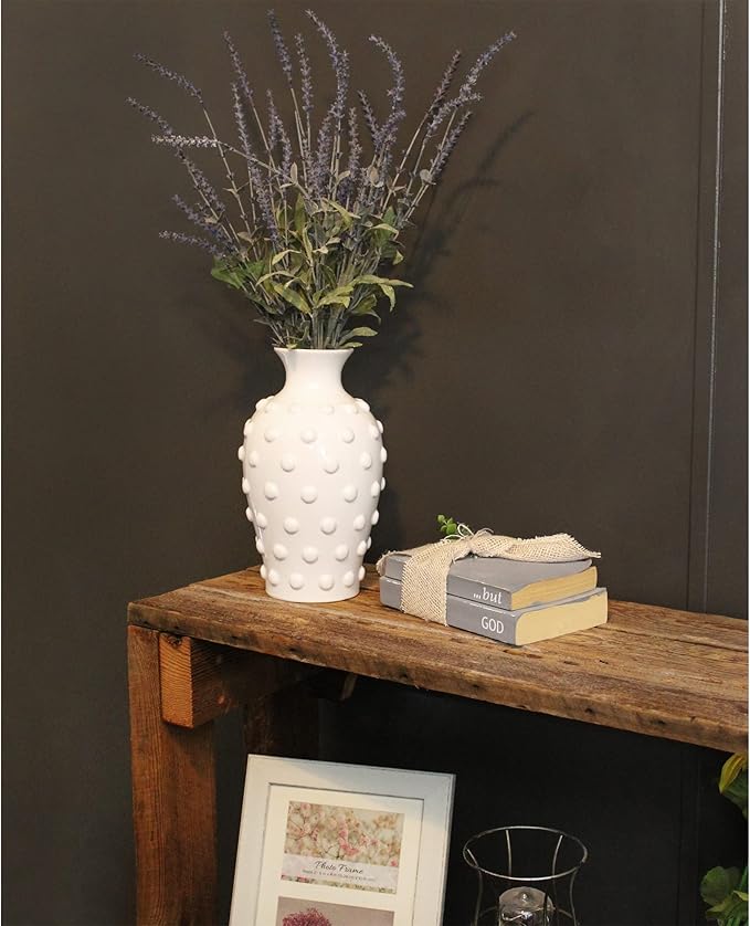 AuldHome Vintage White Hobnail Ceramic Vase, 11 inches tall, 5.4 inch diameter
