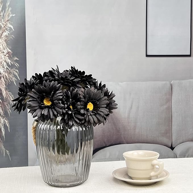 TOPIA Artificial African Daisies Flowers African Daisy Silk Flowers Artificial Gerbera Daisies Pack of 10 (Black)