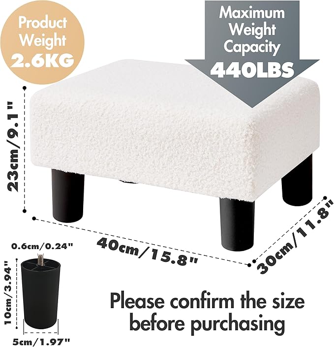 BRIAN & DANY Small Foot Stool Ottoman, Footstool with Legs, Teddy Velvet Foot Rest for Living Room, Bedroom and Office, White