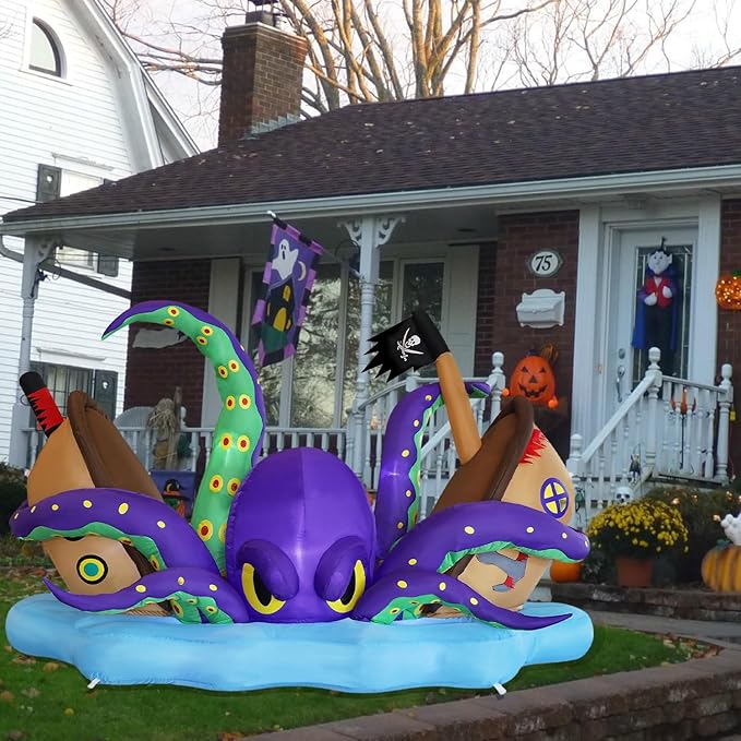 Juegoal Halloween Inflatable Lighted Giant Octopus Attacked Pirate Ship, 7.5FT Long Spooky Purple Octopus & Haunted Ship with Lights, Animated Halloween Yard Prop, Outdoor Garden Lawn Blow up Decor