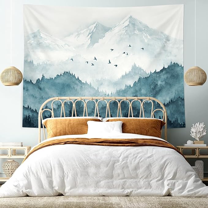 kampdream Mountain Forest Tapestry, Misty Foggy Teal Blue Tree Landscape Watercolor Art Wall Tapestries, Nature Scenery Tapestry for Bedroom Living Room Backdrop 44×60 inch