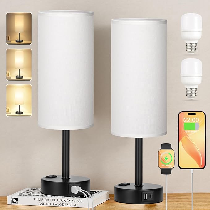 White Bedroom Lamps Set of 2-3 Way Dimmable Touch Table Lamps with USB C and A Ports, Bedside Lamps for Nightstand with AC Outlet, Small Desk Lamps with Black Base for Office Hotel