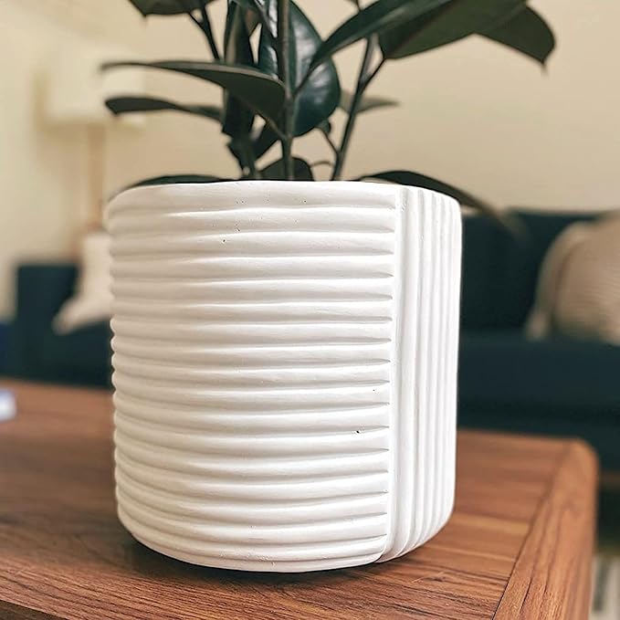 Fox & Fern 10 Inch Plant Pot with Drainage Plug — Premium Polystone White Plant Pot; Modern Planter with 3D Texture and Ceramic Finish; 10 Inch Pots for Plants Indoor & Outdoor