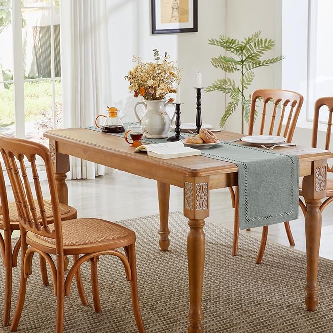 Burlap Style Farmhouse Table Runner, 13 x 72 Inch Grey, Rustic Geometric Hollow Table Runners 72 Inches Long for Dresser Table Everyday Use, 13x72 Inches, Grey